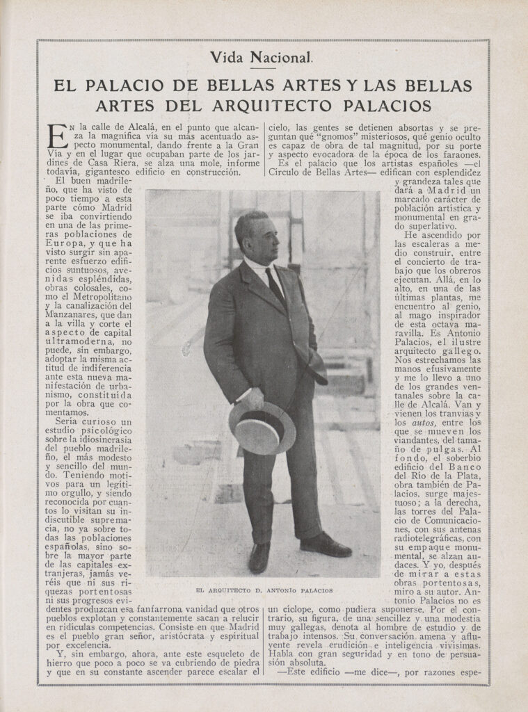 El Palacio de Bellas Artes y las Bellas Artes del arquitecto Palacios. «Blanco y Negro», 10 de agosto de 1924. Imagen de El Palacio de Bellas Artes y las Bellas Artes del arquitecto Palacios. «Blanco y Negro», 10 de agosto de 1924.