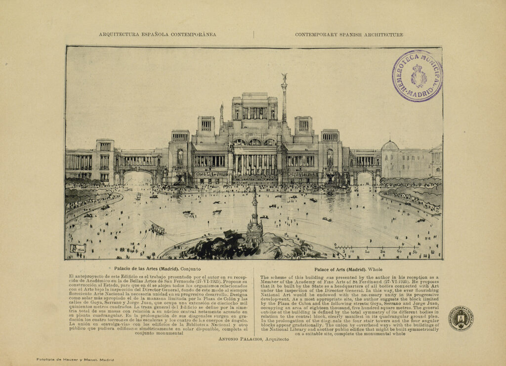 Anteproyecto del Palacio de las Artes. «Arquitectura española», n.º 18, abril a junio de 1927. Imagen del anteproyecto del Palacio de las Artes. «Arquitectura española», n.º 18, abril a junio de 1927.